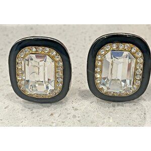 Vtg 80s 90s Clip-On Earrings Emerald Cut Crystal Rhinestone Halo Black Enamel